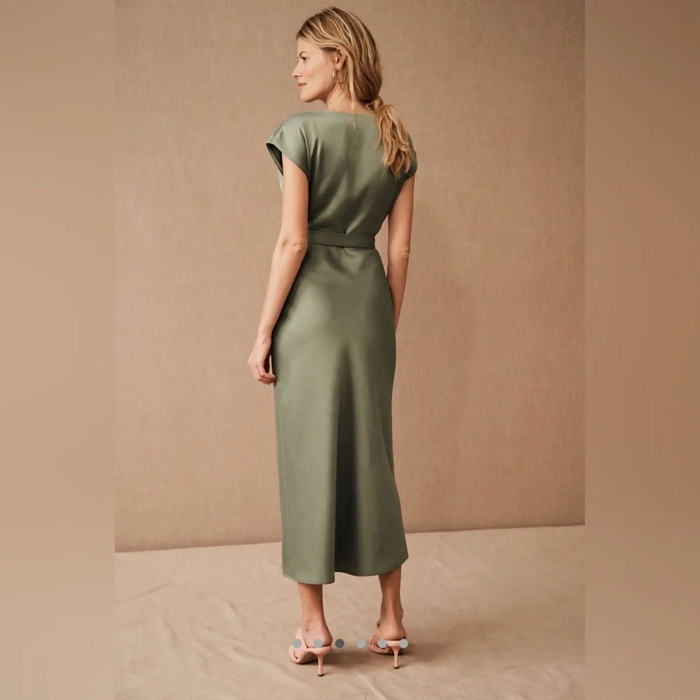 BHLDN Olive Green Satin Wrap Midi Dress - Picture 2 of 2